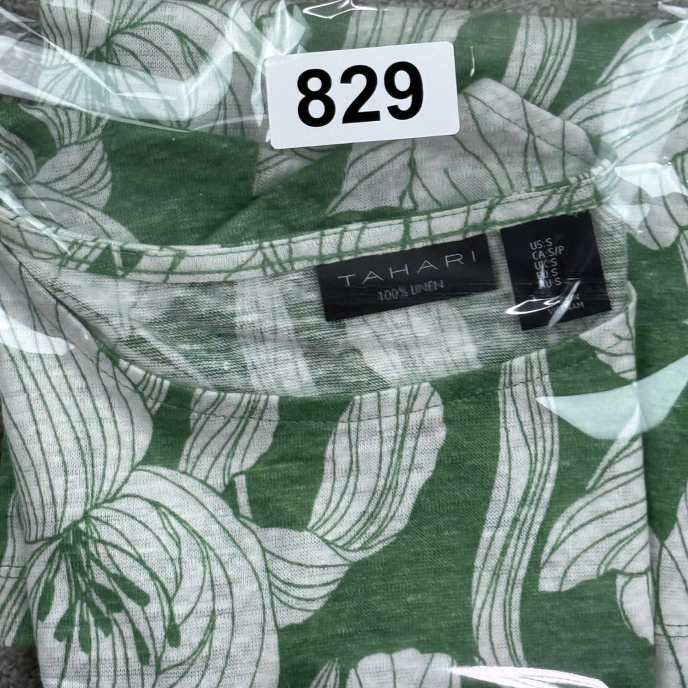 Tahari Linen Top Womens Small Green Floral Cap Sleeve Button Side Casual Summer - Picture 7 of 7